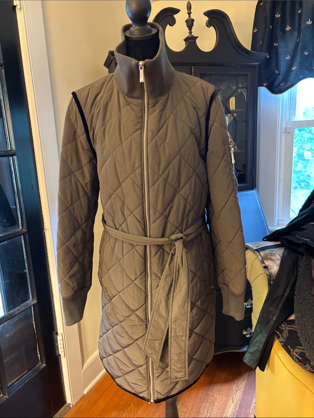 BCBGMaxAzria Quilted Belted Long Puffer Coat in Olive